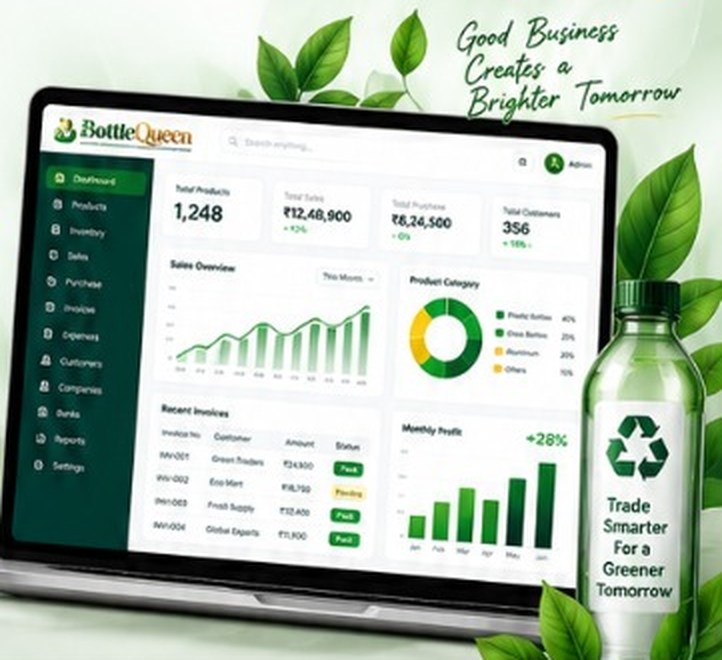 BottleQueen dashboard on a laptop beside a recycled bottle and green leaves