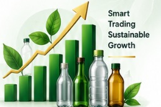 Rising green bar chart with recycled bottles: Smart Trading, Sustainable Growth